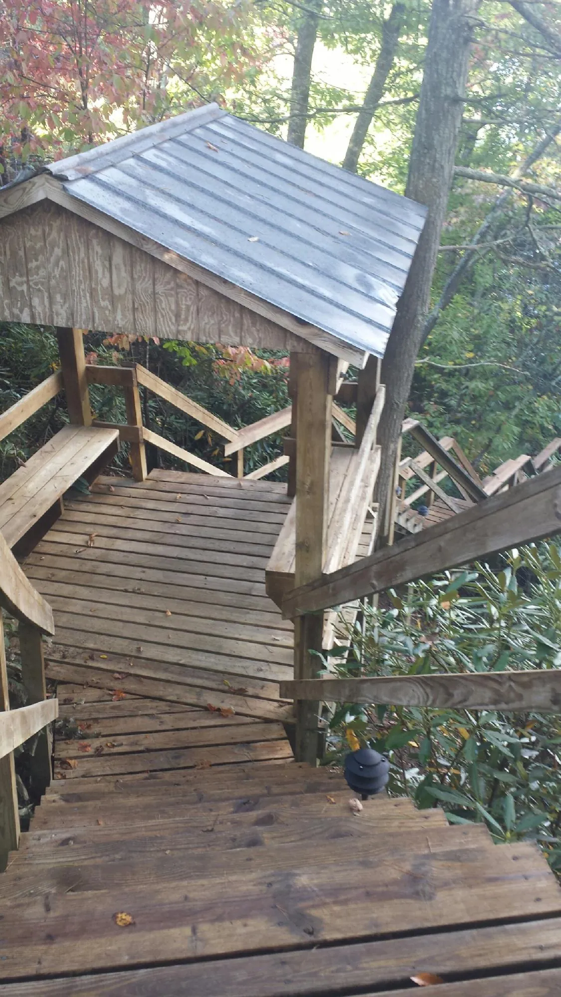 Metal roofed shelter over wooden steps on a wooded walkway — Skylight Repair & Installation work by our crew in Whitestone